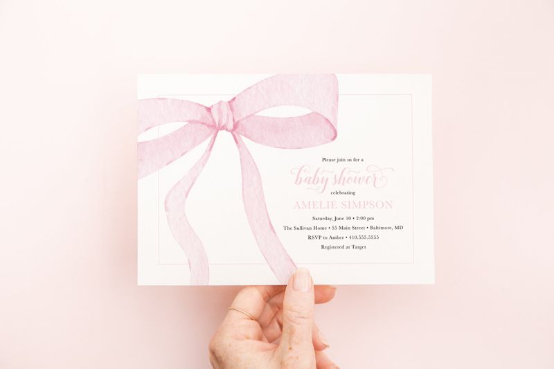 Preppy Pink Bow Baby Shower Invitation Printed - Girl Baby Shower Watercolor Bow - Heirloom Pink Bow Party - Baby Girl Sprinkle Invitation (10 printed invitations | Plain White Envelopes)