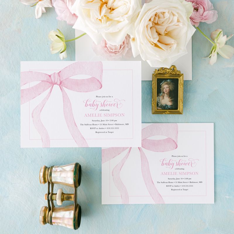 Preppy Pink Bow Baby Shower Invitation Printed - Girl Baby Shower Watercolor Bow - Heirloom Pink Bow Party - Baby Girl Sprinkle Invitation (10 printed invitations | Plain White Envelopes)
