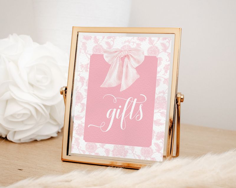 Gifts Sign for Girl Baby Shower Printable with Pink Bow - Printable 8x10 - Preppy Pink Chinoiserie Toile Baby Sprinkle