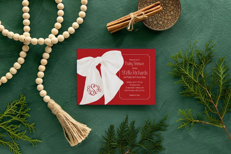 Christmas Baby Girl Shower Invitations - Red Bow Invites - Winter Baby Sprinkle Sip and See Baby Girl - Gender Neutral - Santa Baby (10 printed invitations | Plain White Envelopes)