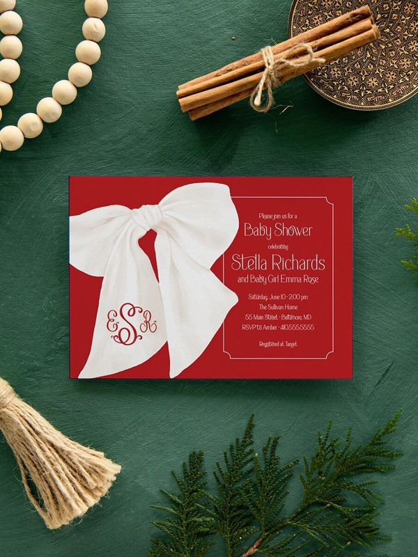 Christmas Baby Girl Shower Invitations - Red Bow Invites - Winter Baby Sprinkle Sip and See Baby Girl - Gender Neutral - Santa Baby (10 printed invitations | Plain White Envelopes)