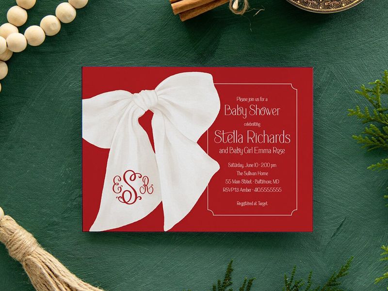 Christmas Baby Girl Shower Invitations - Red Bow Invites - Winter Baby Sprinkle Sip and See Baby Girl - Gender Neutral - Santa Baby (10 printed invitations | Plain White Envelopes)