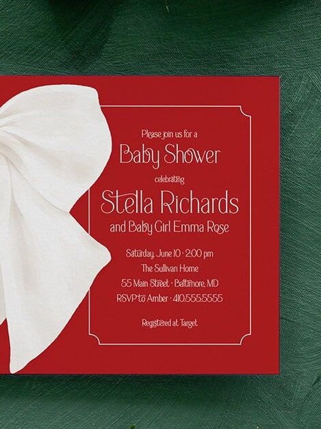 Christmas Baby Girl Shower Invitations - Red Bow Invites - Winter Baby Sprinkle Sip and See Baby Girl - Gender Neutral - Santa Baby (10 printed invitations | Plain White Envelopes)