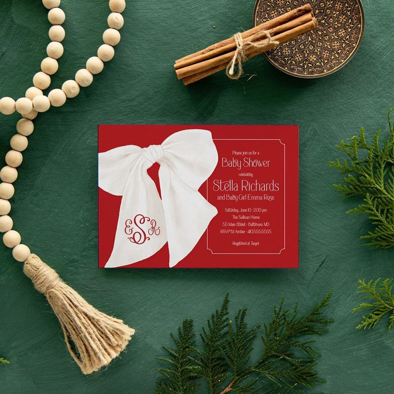 Christmas Baby Girl Shower Invitations - Red Bow Invites - Winter Baby Sprinkle Sip and See Baby Girl - Gender Neutral - Santa Baby (10 printed invitations | Plain White Envelopes)