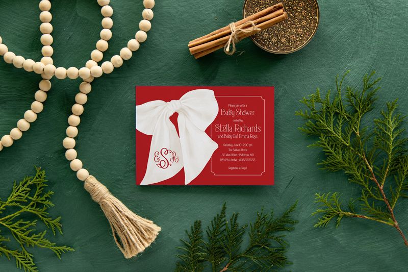 Christmas Baby Girl Shower Invitations - Red Bow Invites - Winter Baby Sprinkle Sip and See Baby Girl - Gender Neutral - Santa Baby (10 printed invitations | Plain White Envelopes)