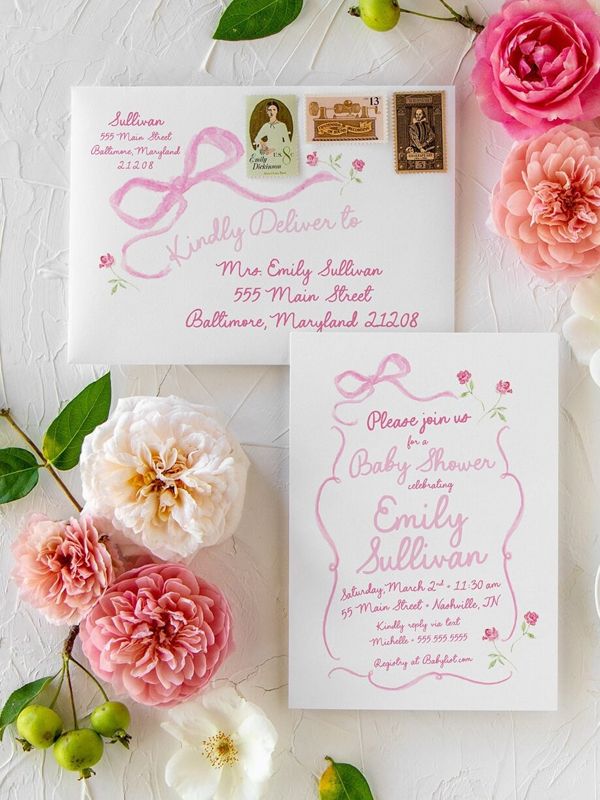 Hand Drawn Bow Girl Baby Shower Invitations - Pink Bow Baby Girl Sprinkle - Baby Sip and See - 1st Birthday Girl Coquette Bow Printed (10 printed invitations | Plain White Envelopes)