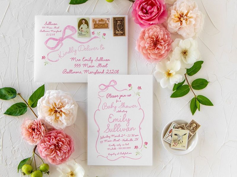 Hand Drawn Bow Girl Baby Shower Invitations - Pink Bow Baby Girl Sprinkle - Baby Sip and See - 1st Birthday Girl Coquette Bow Printed (10 printed invitations | Plain White Envelopes)