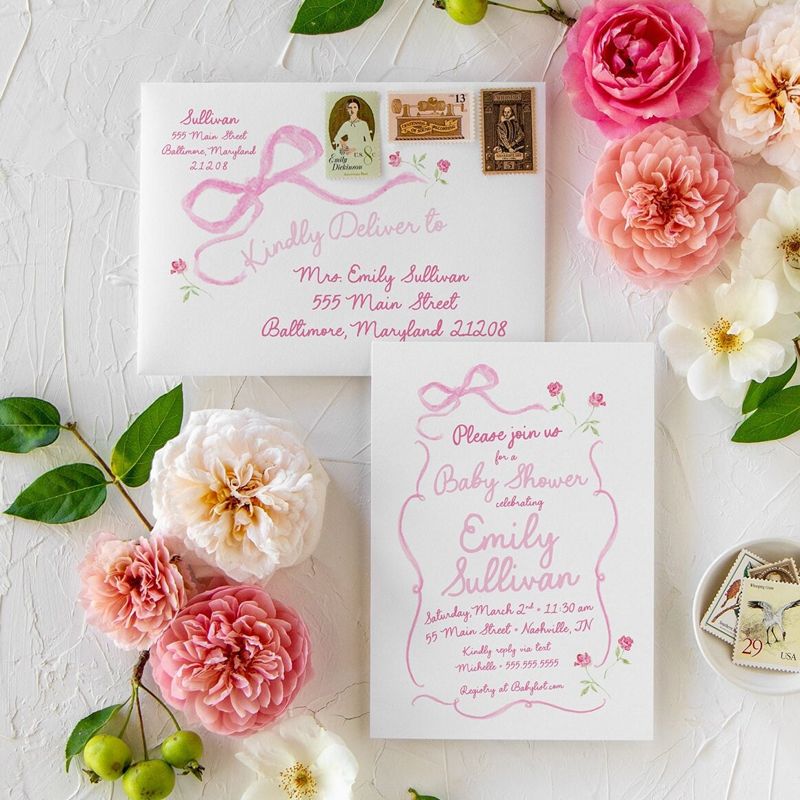 Hand Drawn Bow Girl Baby Shower Invitations - Pink Bow Baby Girl Sprinkle - Baby Sip and See - 1st Birthday Girl Coquette Bow Printed (10 printed invitations | Plain White Envelopes)