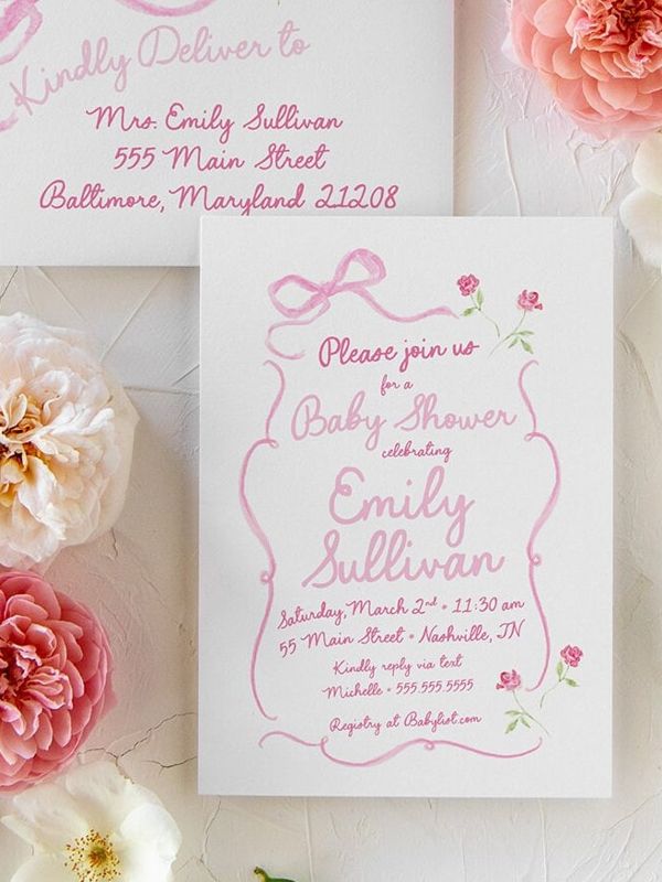 Hand Drawn Bow Girl Baby Shower Invitations - Pink Bow Baby Girl Sprinkle - Baby Sip and See - 1st Birthday Girl Coquette Bow Printed (10 printed invitations | Plain White Envelopes)