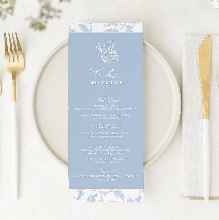 Printed Menu Cards for Bridal Shower, Bridal Tea Menu Card, Bridesmaids Luncheon, Baby Shower Menu Cards, Blue Chinoiserie Toile (10 printed menus)