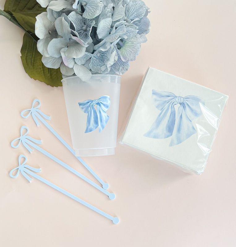 Blue Bow Cocktail Napkins Pack of 50 for Baby Boy Shower, Bridesmaids Luncheon, Fancy Tea Party Decor, Boy Baby Sprinkle Birthay Party