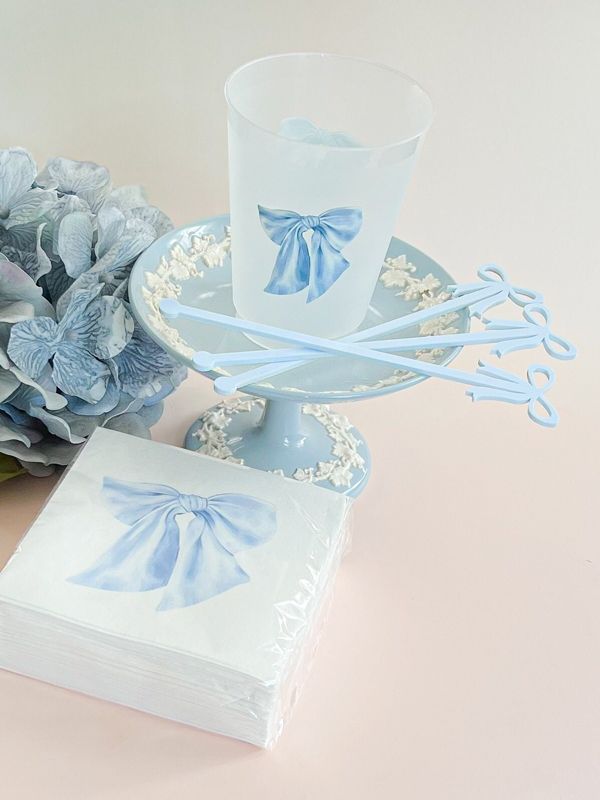 Blue Bow Cocktail Napkins Pack of 50 for Baby Boy Shower, Bridesmaids Luncheon, Fancy Tea Party Decor, Boy Baby Sprinkle Birthay Party