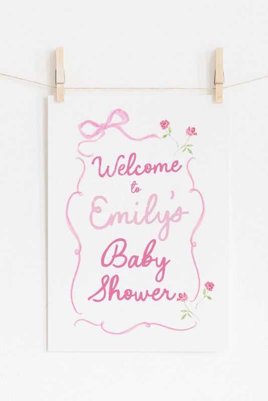 Hand drawn pink bow Girl Baby Shower Welcome Sign - 18x24" welcome poster printed - sip and see - baby girl sprinkle (18x24")