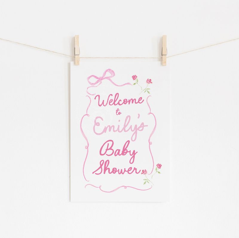 Hand drawn pink bow Girl Baby Shower Welcome Sign - 18x24" welcome poster printed - sip and see - baby girl sprinkle (18x24")