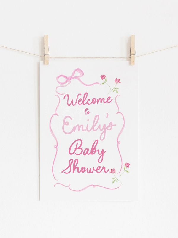 Hand drawn pink bow Girl Baby Shower Welcome Sign - 18x24" welcome poster printed - sip and see - baby girl sprinkle (18x24")