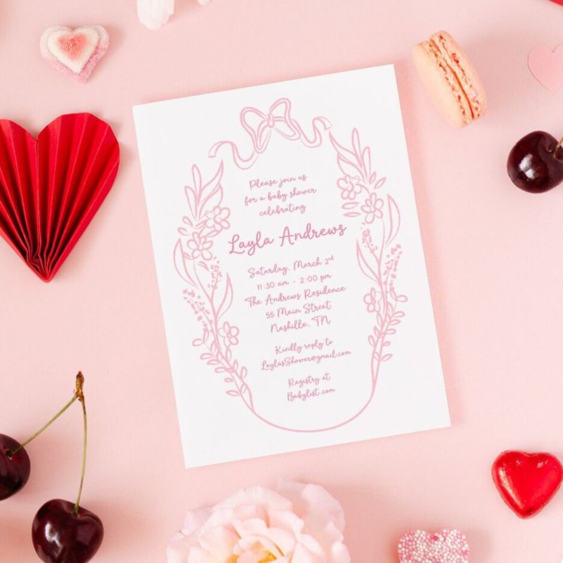 Hand Drawn Bow Baby Girl Shower Invitations - Baby Girl Sprinkle - Baby Sip and See - 1st Birthday Girl - Bridal Shower Party Coquette Bow (10 printed invitations, Plain White Envelopes)