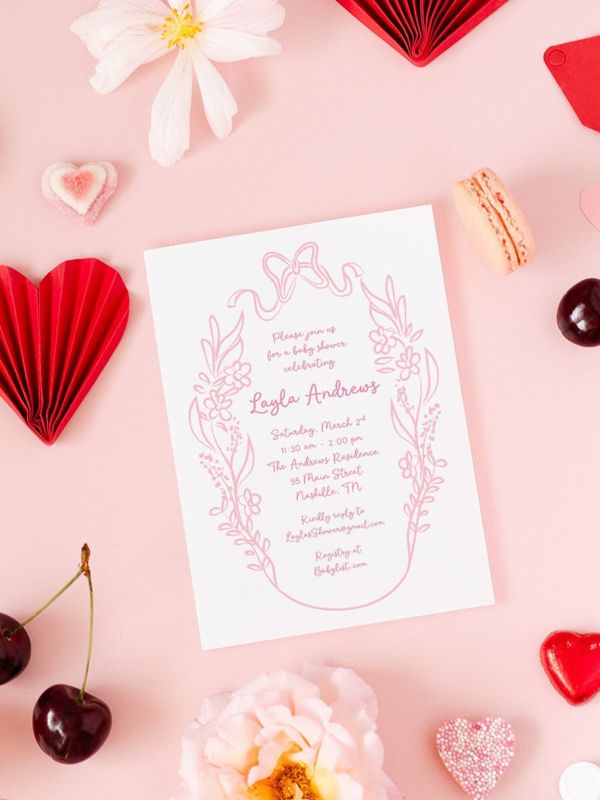 Hand Drawn Bow Baby Girl Shower Invitations - Baby Girl Sprinkle - Baby Sip and See - 1st Birthday Girl - Bridal Shower Party Coquette Bow (10 printed invitations, Plain White Envelopes)