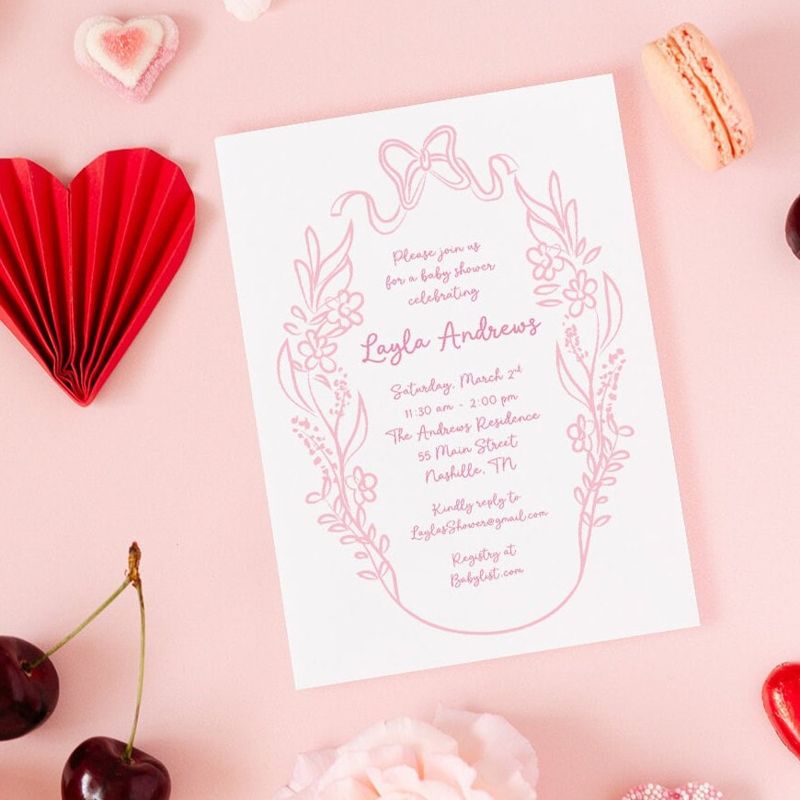 Hand Drawn Bow Baby Girl Shower Invitations - Baby Girl Sprinkle - Baby Sip and See - 1st Birthday Girl - Bridal Shower Party Coquette Bow (10 printed invitations, Plain White Envelopes)
