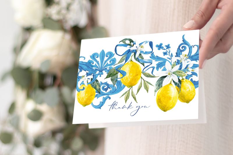 Tuscan Lemon Thank You Notes - Portuguese Blue Tile and Lemon (20 printed notes)