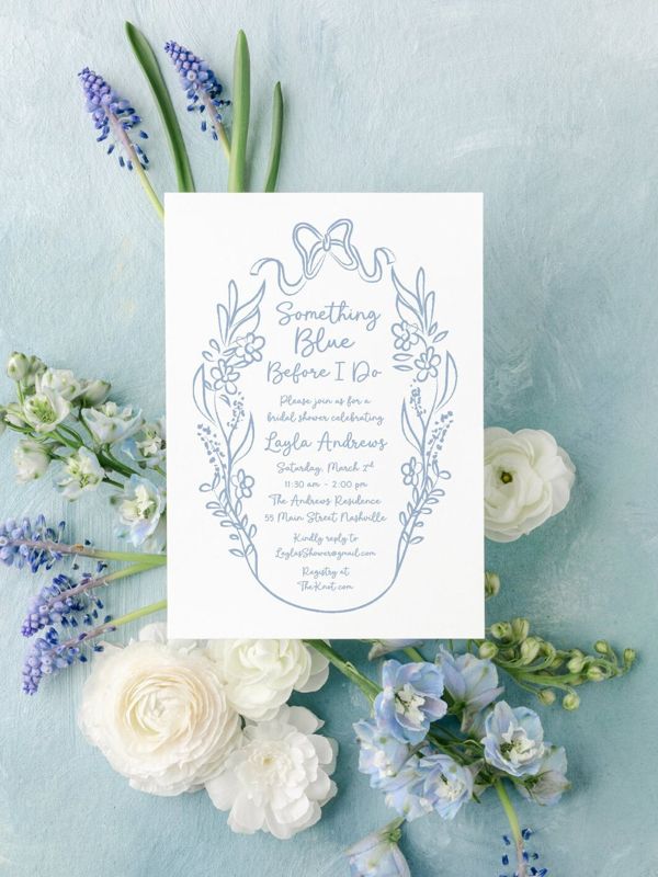 Something Blue Before I Do Hand Drawn Bridal Shower Invitations - Coquette Bow Bridal Tea - Bow Aesthetic Bridal Luncheon, Bridesmaids Lunch (10 printed invitations | Plain White Envelopes)