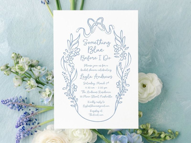 Something Blue Before I Do Hand Drawn Bridal Shower Invitations - Coquette Bow Bridal Tea - Bow Aesthetic Bridal Luncheon, Bridesmaids Lunch (10 printed invitations | Plain White Envelopes)