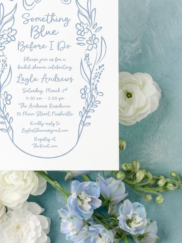 Something Blue Before I Do Hand Drawn Bridal Shower Invitations - Coquette Bow Bridal Tea - Bow Aesthetic Bridal Luncheon, Bridesmaids Lunch (10 printed invitations | Plain White Envelopes)