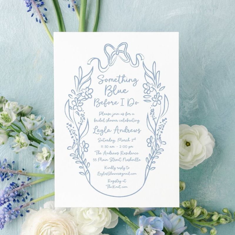 Something Blue Before I Do Hand Drawn Bridal Shower Invitations - Coquette Bow Bridal Tea - Bow Aesthetic Bridal Luncheon, Bridesmaids Lunch (10 printed invitations | Plain White Envelopes)