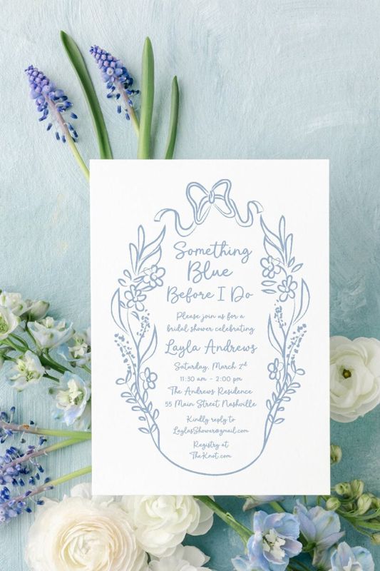 Something Blue Before I Do Hand Drawn Bridal Shower Invitations - Coquette Bow Bridal Tea - Bow Aesthetic Bridal Luncheon, Bridesmaids Lunch (10 printed invitations | Plain White Envelopes)