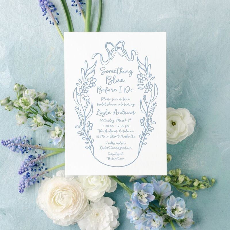 Something Blue Before I Do Hand Drawn Bridal Shower Invitations - Coquette Bow Bridal Tea - Bow Aesthetic Bridal Luncheon, Bridesmaids Lunch (10 printed invitations | Plain White Envelopes)