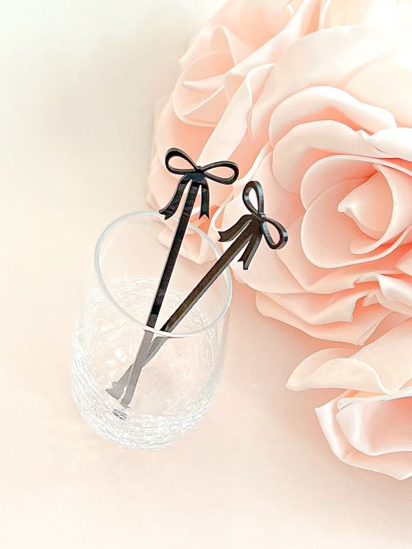 Black bow drink stirrers for bridal shower - cocktail stirrers - acrylic stir sticks - swizzle stick - fancy coquette bow party (Set of 5 stirrers)
