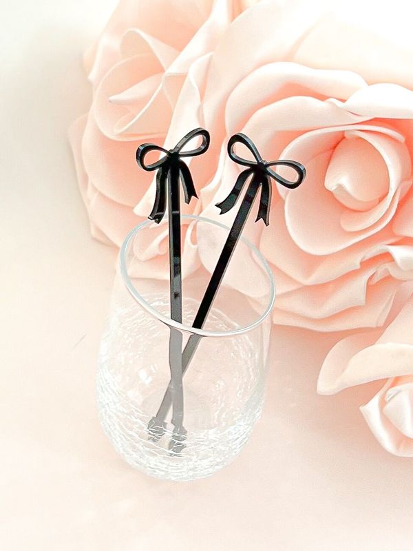 Black bow drink stirrers for bridal shower - cocktail stirrers - acrylic stir sticks - swizzle stick - fancy coquette bow party (Set of 5 stirrers)