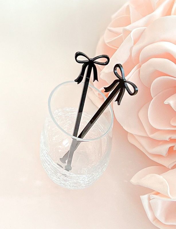 Black bow drink stirrers for bridal shower - cocktail stirrers - acrylic stir sticks - swizzle stick - fancy coquette bow party (Set of 5 stirrers)
