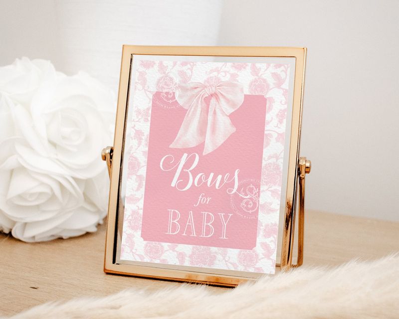 Bows for Baby Sign for Girl Baby Shower Printable with Pink Bow - Printable 8x10 - Preppy Pink Chinoiserie Baby Sprinkle