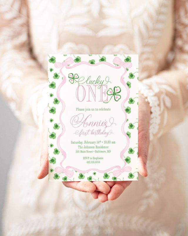 Lucky One First Birthday Invitation - St. Patricks Day Birthday Party - Lucky Clover - Girl first birthday - March Birthday - Printable