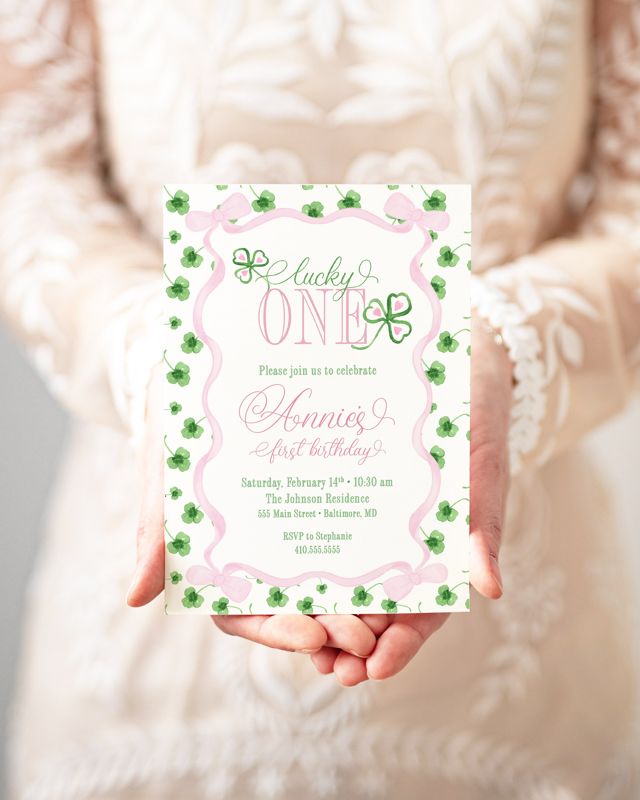 Lucky One First Birthday Invitation - St. Patricks Day Birthday Party - Lucky Clover - Girl first birthday - March Birthday - Printable