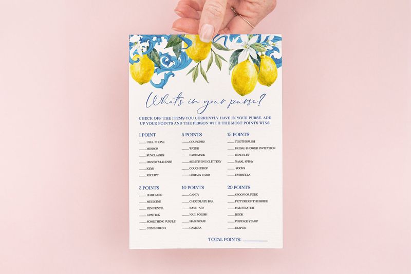 Lemon Bridal Shower What's in Your Purse Game PRINTABLE Instant download