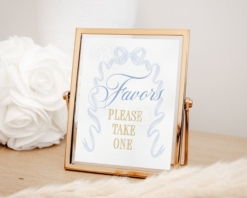 Favors Sign for Blue Bow Baby Boy Shower Printable 8x10 - Blue and white baby boy sprinkle blue gold