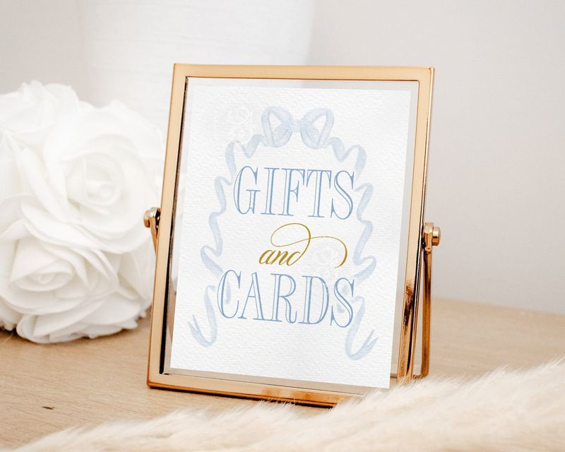 Gifts and Cards Sign for Baby Boy Shower Printable 8x10 - Blue Bow Baby Sprinkle - Blue gold