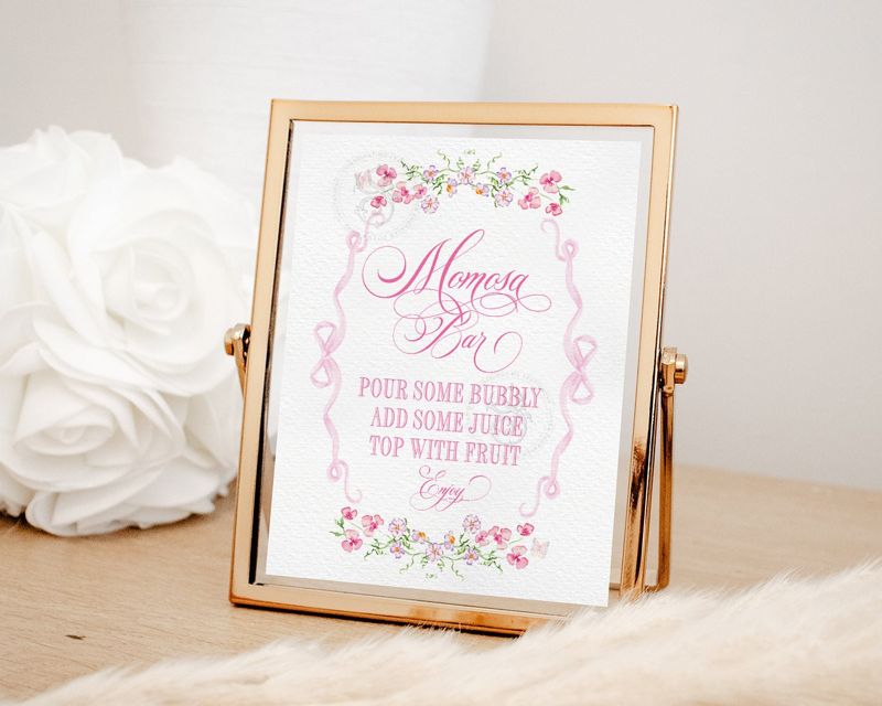 Momosa Bar Sign for Girl Baby Shower Printable with Pink Bow and flowers - Printable 8x10 - Baby Girl Sprinkle Mimosa Bar
