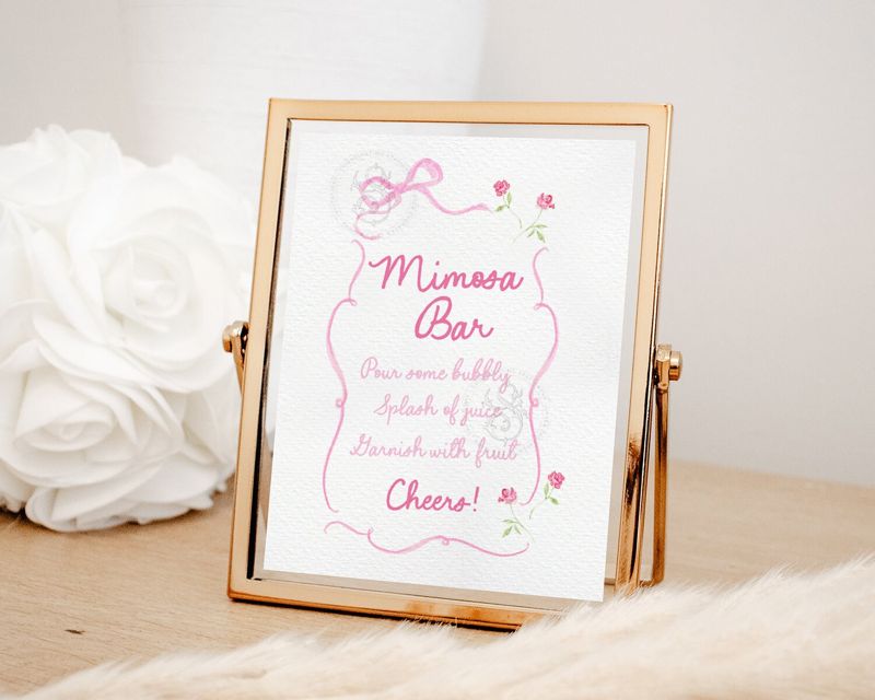 Hand Drawn Mimosa Bar Sign for Girl Baby Shower Printable with Pink Bow and flowers - Printable 8x10 - Baby Girl Sprinkle