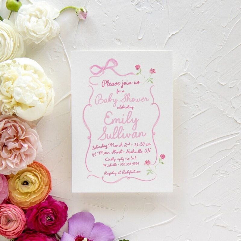 Hand Drawn Bow Girl Baby Shower Invitations - Pink Bow Baby Girl Sprinkle - Baby Sip and See - 1st Birthday Girl Coquette Bow Printable