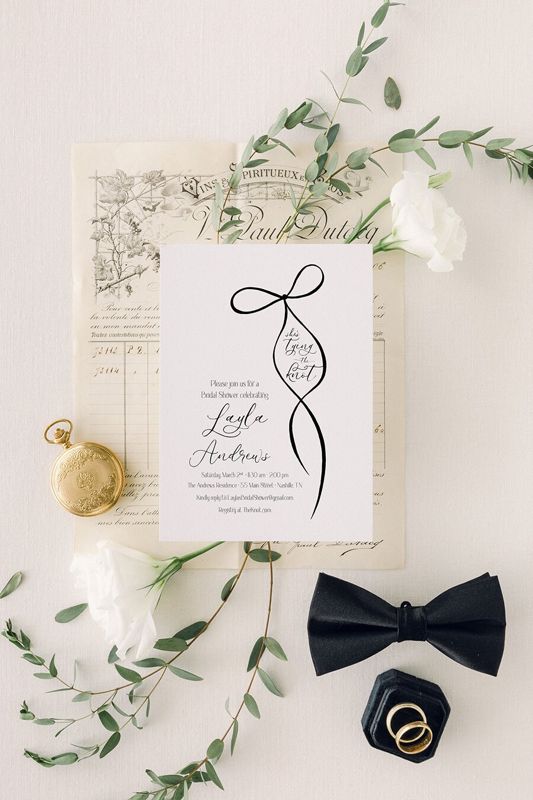 Tying the Knot Bridal Shower Invitations Classic Black and White Coquette Bow Bridal Brunch, Bridal Luncheon, Bridesmaids Lunch Tea (10 printed invitations, Plain White Envelopes)