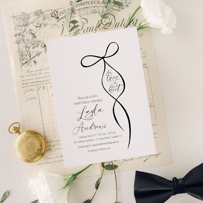 Tying the Knot Bridal Shower Invitations Classic Black and White Coquette Bow Bridal Brunch, Bridal Luncheon, Bridesmaids Lunch Tea (10 printed invitations, Plain White Envelopes)