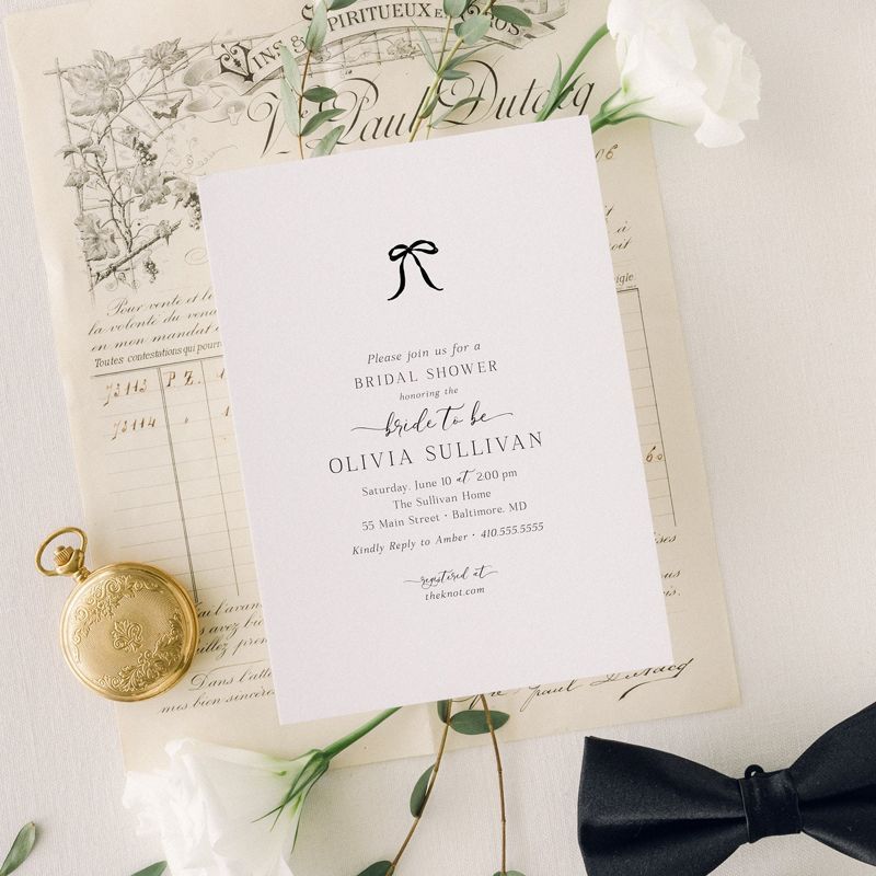 BOW Bridal Shower Invitations - Coquette BLACK Bow Bridal Tea - Bow Aesthetic Bridal Luncheon, Bridesmaids Lunch Minimalist Bow (10 printed invitations | Plain White Envelopes)