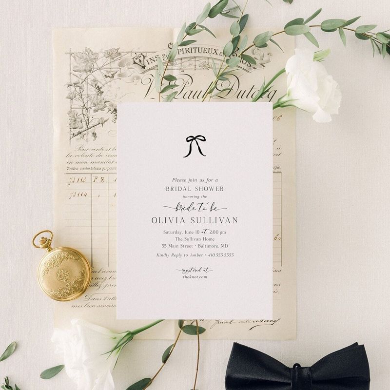 BOW Bridal Shower Invitations - Coquette BLACK Bow Bridal Tea - Bow Aesthetic Bridal Luncheon, Bridesmaids Lunch Minimalist Bow (10 printed invitations | Plain White Envelopes)
