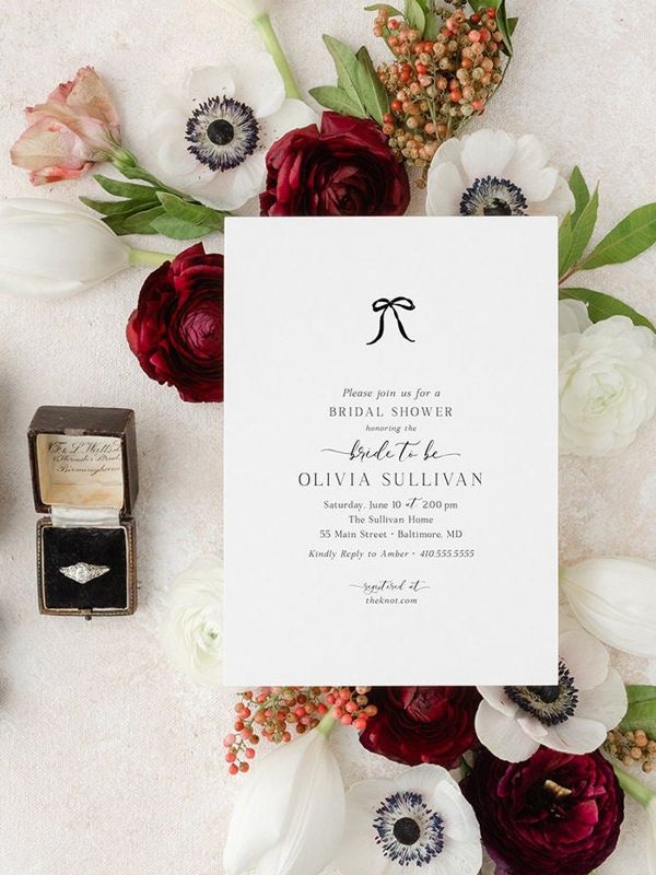 BOW Bridal Shower Invitations - Coquette BLACK Bow Bridal Tea - Bow Aesthetic Bridal Luncheon, Bridesmaids Lunch Minimalist Bow (10 printed invitations | Plain White Envelopes)