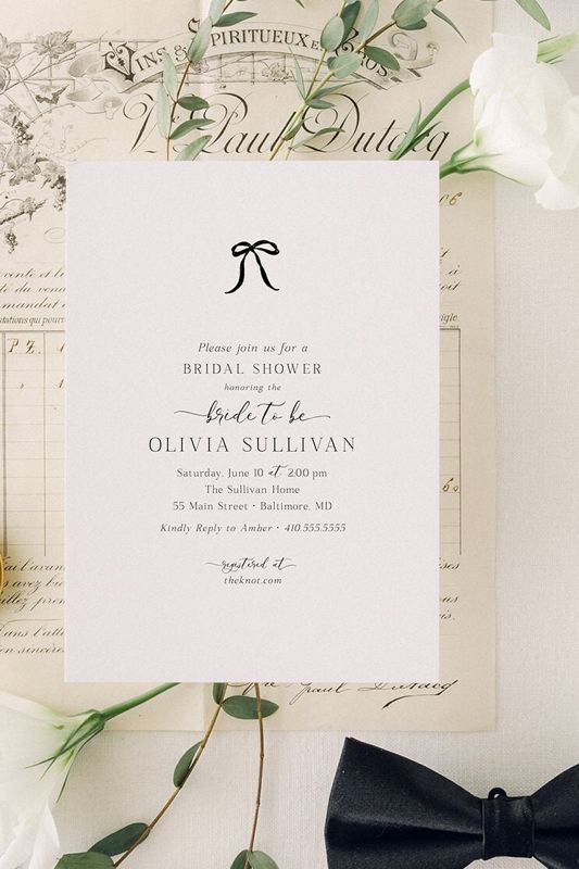 BOW Bridal Shower Invitations - Coquette BLACK Bow Bridal Tea - Bow Aesthetic Bridal Luncheon, Bridesmaids Lunch Minimalist Bow (10 printed invitations | Plain White Envelopes)