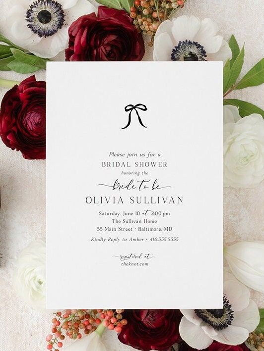 BOW Bridal Shower Invitations - Coquette BLACK Bow Bridal Tea - Bow Aesthetic Bridal Luncheon, Bridesmaids Lunch Minimalist Bow (10 printed invitations | Plain White Envelopes)