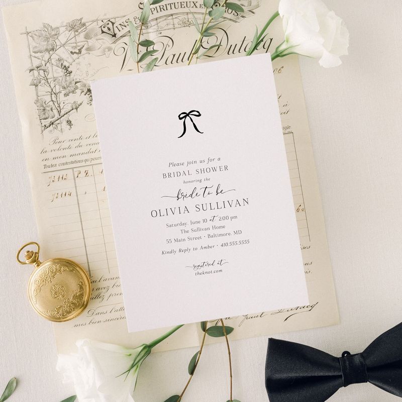 BOW Bridal Shower Invitations - Coquette BLACK Bow Bridal Tea - Bow Aesthetic Bridal Luncheon, Bridesmaids Lunch Minimalist Bow (10 printed invitations | Plain White Envelopes)