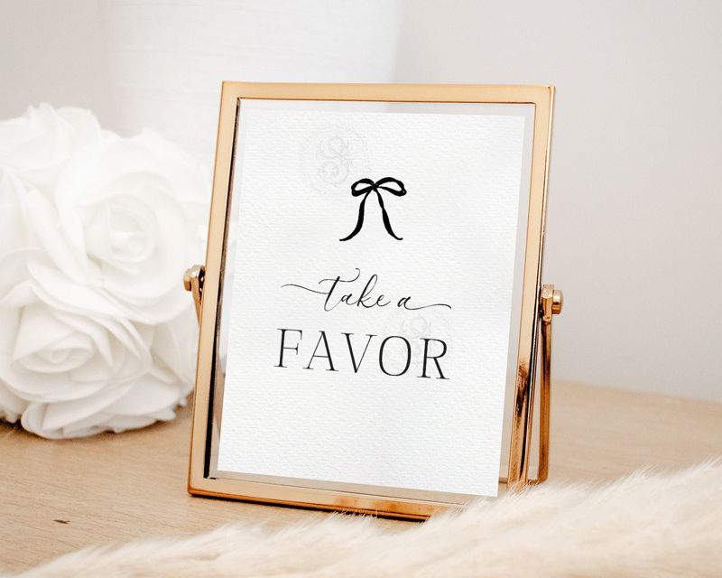 Favors Sign for Black Bow Bridal Shower Printable 8x10 - Black and white minimalist